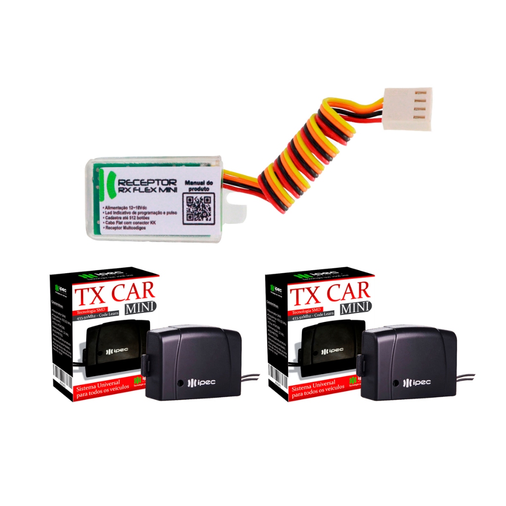 Kit Receptor Auxiliar + 2 Tx Car Mini 12/24V Ipec Para Centrais PPA Jetflx Triflex e Legero Codigo Rolante