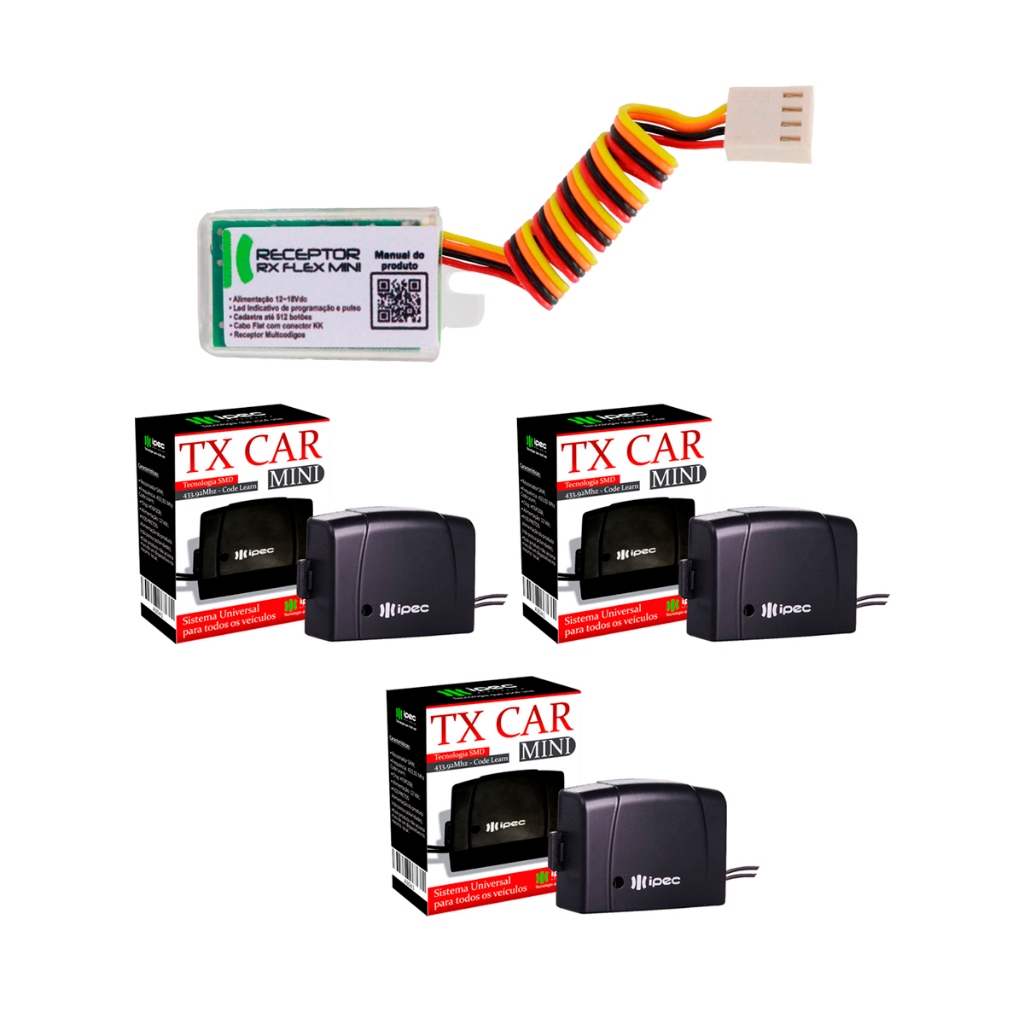 Kit Receptor Auxiliar + 3 Tx Car Mini 12/24V Ipec Para Centrais PPA Jetflx Triflex e Legero Codigo Rolante