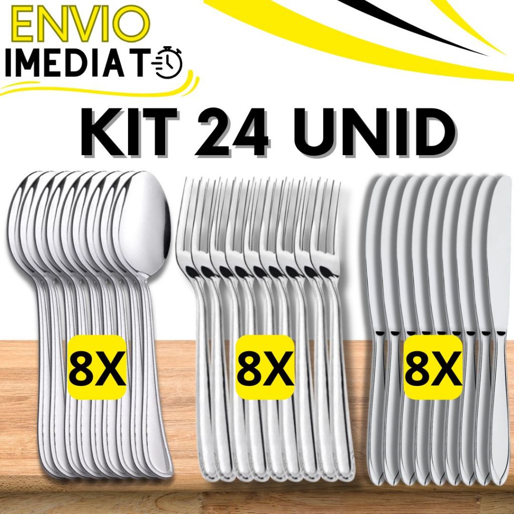 KIT 24 Peças 8 Garfo 8 Colher 8 Faca Talher Aço Inox Polido Super Resistente para Casa Cozinha Restaurante Buffet