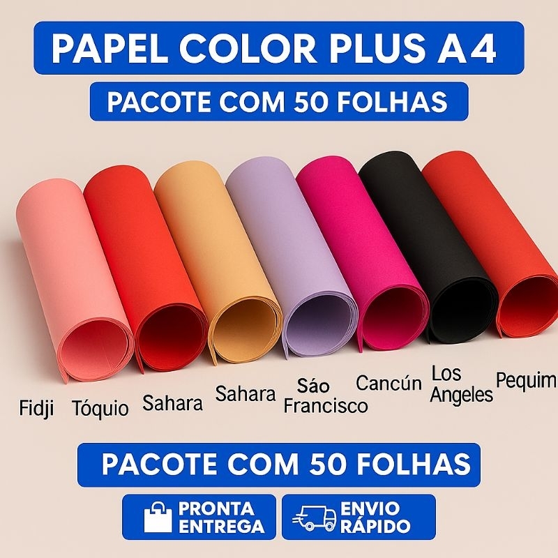 Papel Color Plus A4 180g - 50 Folhas - Colorido na Massa - Impressão - Artesanato - Criativa