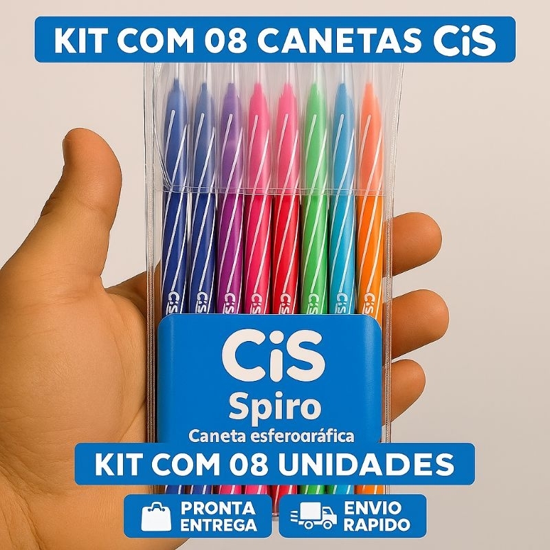 Kit 8 Caneta Esferográfica CIS 0.7mm - Estojo Cores Sortidas - Escola - Escritório - Papelaria