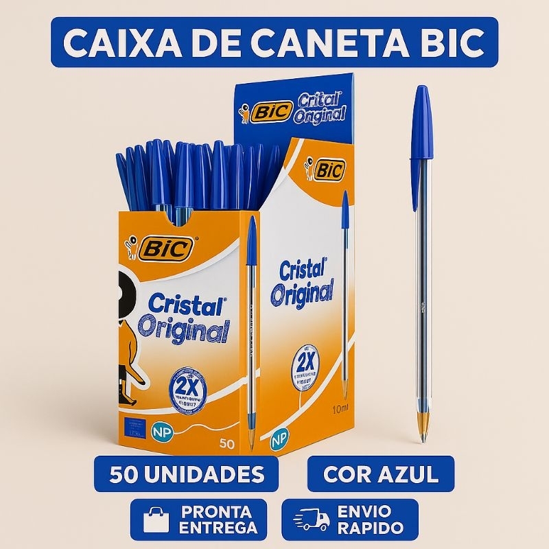 Caixa 50 Caneta BIC Cristal Azul 1.0mm - Escrita Suave - Escolar - Escritório - Papelaria
