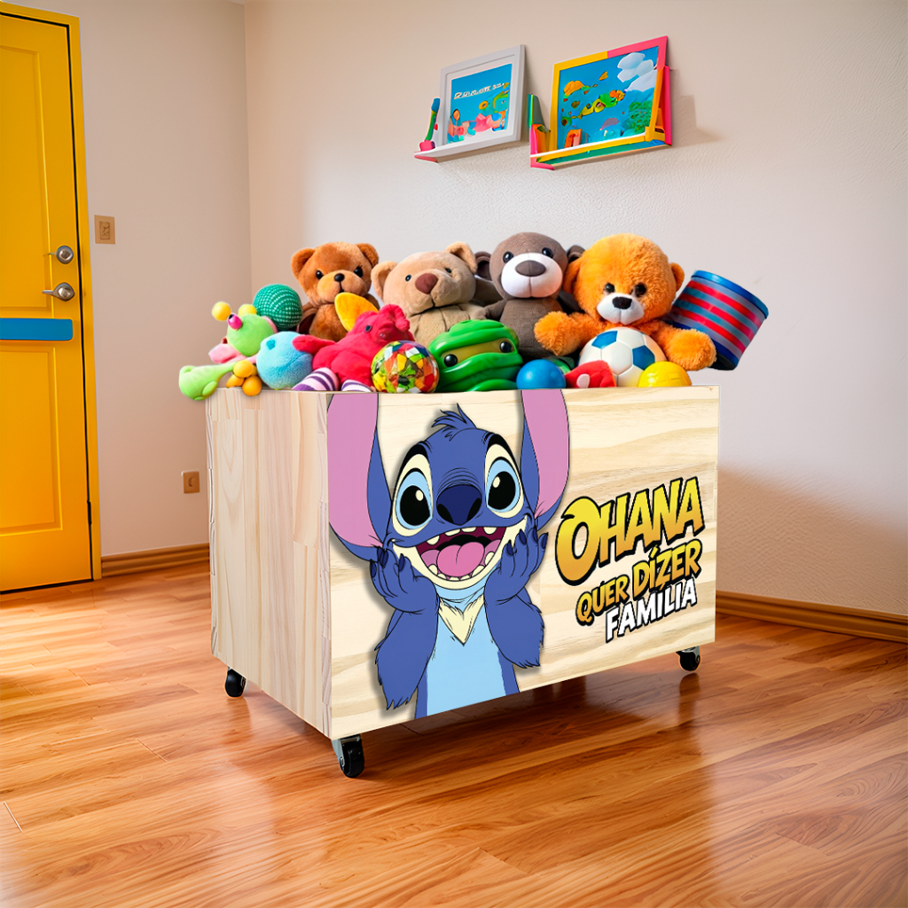 Caixa Organizadora Brinquedos Stitch, Bob Esponja, Pepa, Caixote, Baú de Madeira com Rodinhas,