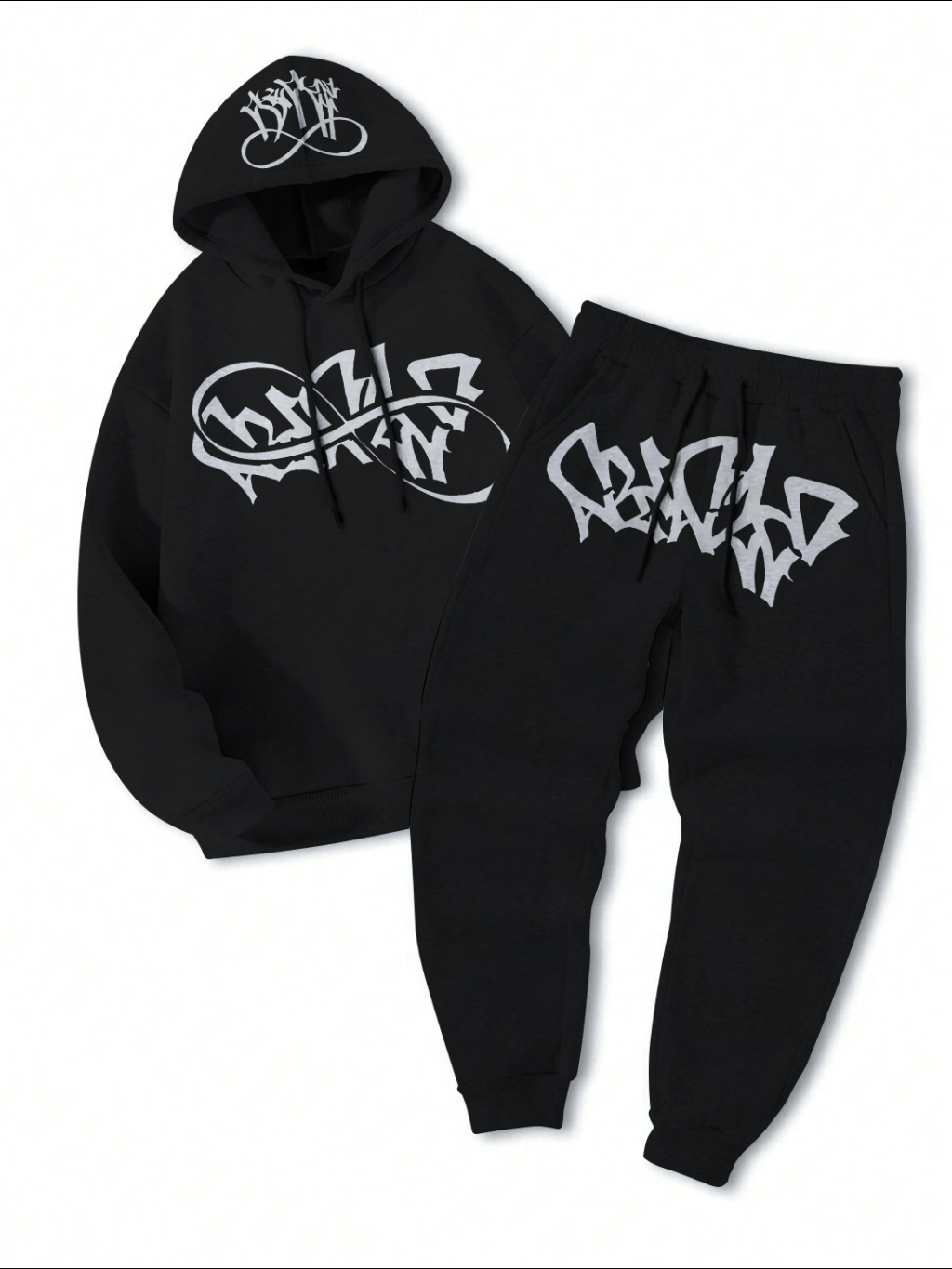 2 Peças/Moletom Canguru e Calça Streetwear Tag Graffiti Central Cee Hip Hop Aesthetic