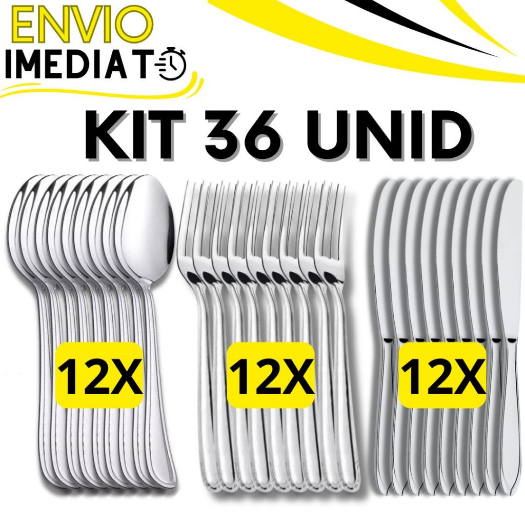 KIT 36 Peças 12 Garfo 12 Colher 12 Faca Talher Aço Inox Polido Super Resistente para Casa Cozinha Restaurante Buffet
