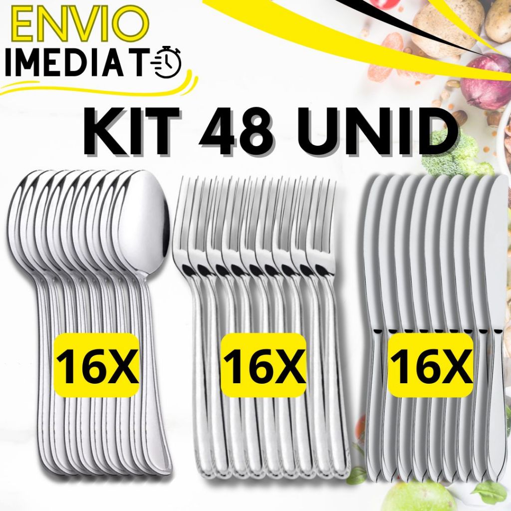 KIT 48 Peças 16 Garfo 16 Colher 16 Faca Talher Aço Inox Polido Super Resistente para Casa Cozinha Restaurante Buffet