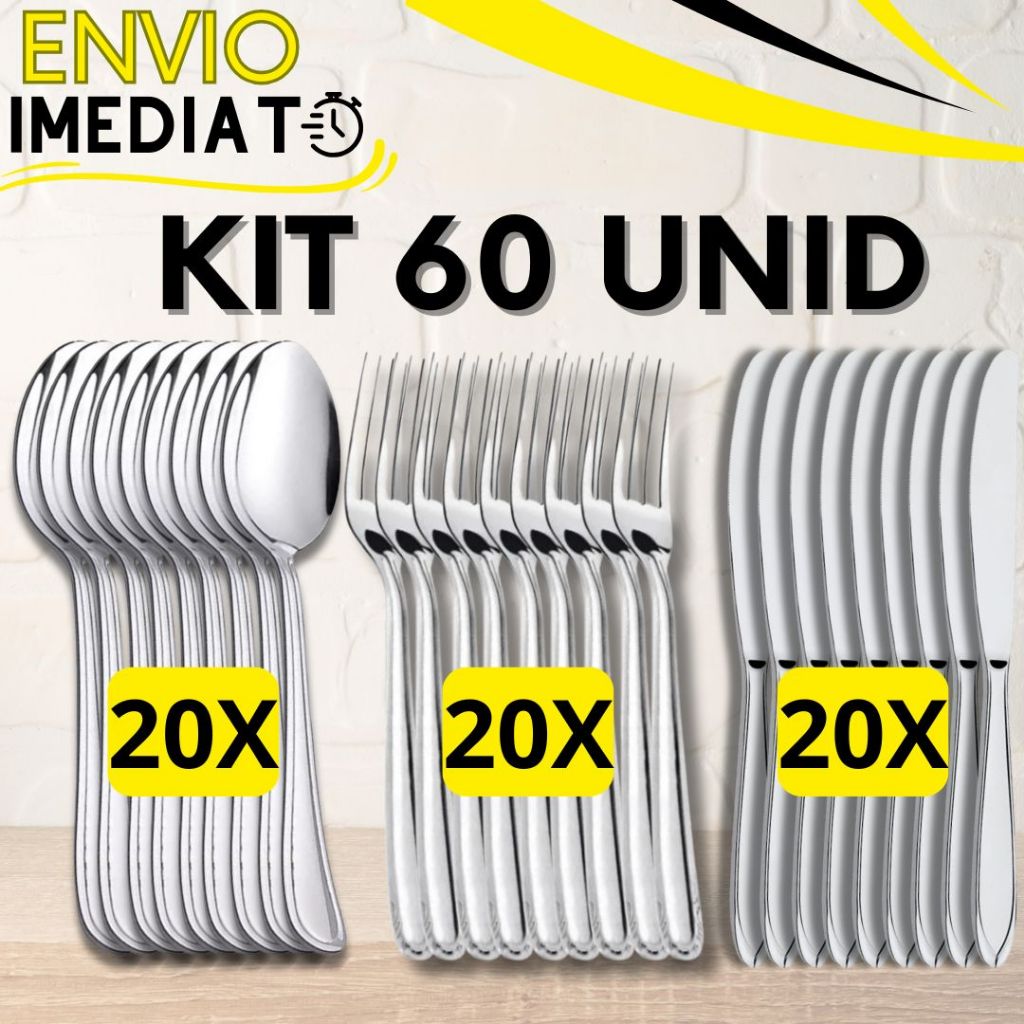 KIT 60 Peças 20 Garfo 20 Colher 20 Faca Talher Aço Inox Polido Super Resistente para Casa Cozinha Restaurante Buffet