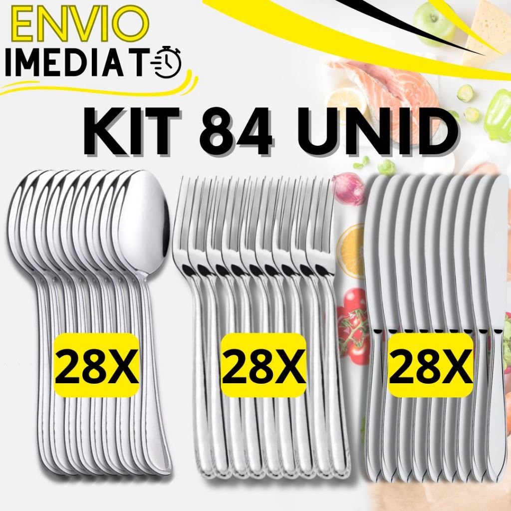 KIT 84 Peças 28 Garfo 28 Colher 28 Faca Talher Aço Inox Polido Super Resistente para Casa Cozinha Restaurante Buffet