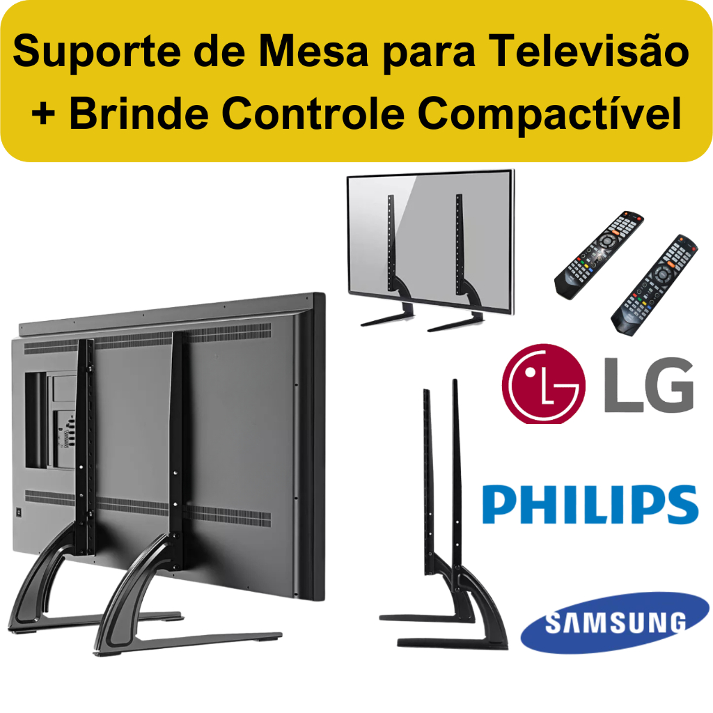 Suporte Pé Base Mesa Tv Televisã 36 42 43 50 55 65 75 Polegadas Led Lcd +Controle Curva Universal Plasma QLED OLED Preto