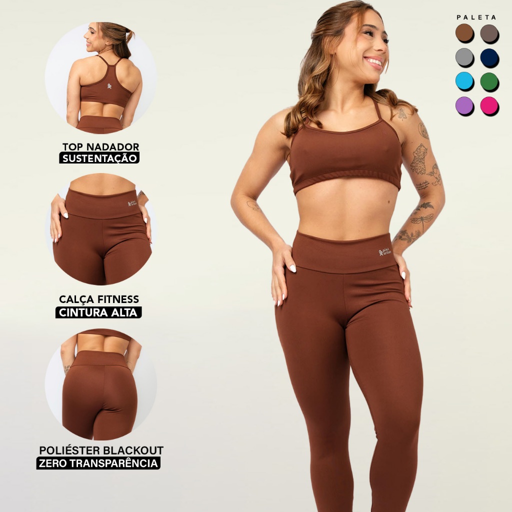 Conjunto Fitness Feminino Poliéster blackout Top alcinha Calça Legging Cós Alto Zero Transparência