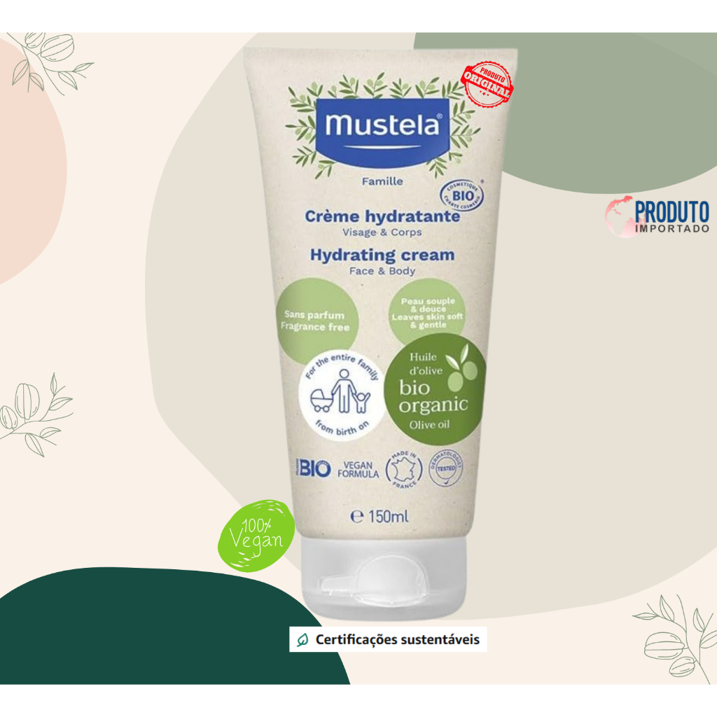 Mustela Creme Hidratante Corporal Bio 150Ml - Hidrata A Pele Do Rosto E Corpo - Sem Fragrância Vegano