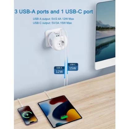 Extensor de tomada de parede com 4 tomadas AC + 3 USB + 1 Tipo C 5V/3A Adaptador de carregador 8 em 1 Tomada On/Off Swit