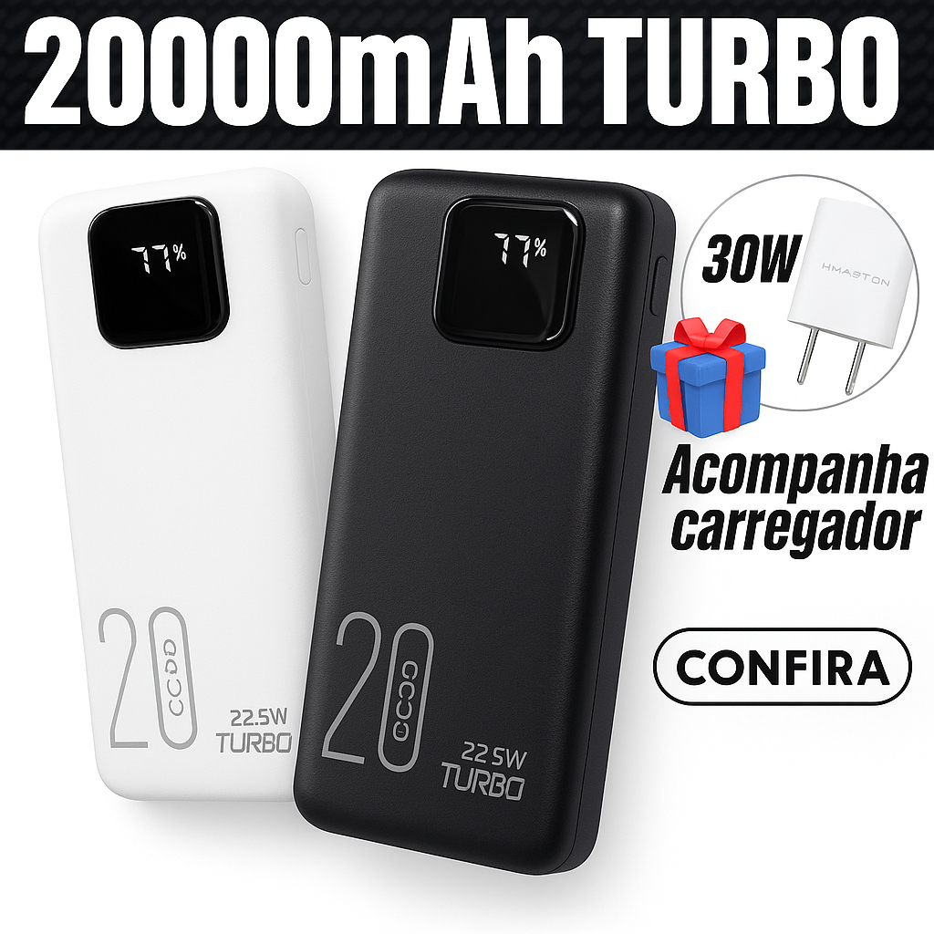 power bank turbo 20000 mAh + Fonte carregador portátil Super Rápido 22.5W
