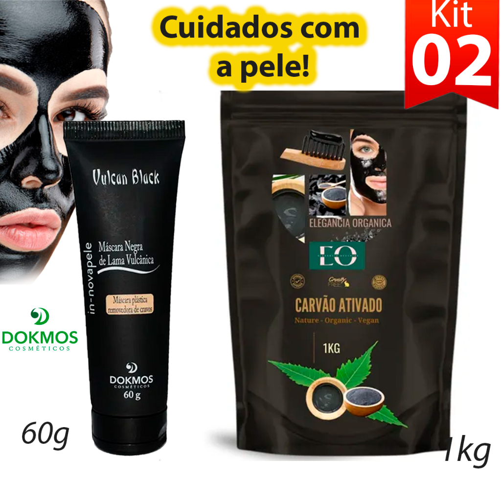 Kit Carvão em Po Ativado Mascara Facial + Vulcan Black Mascara Removedora de Cravo Dokmos