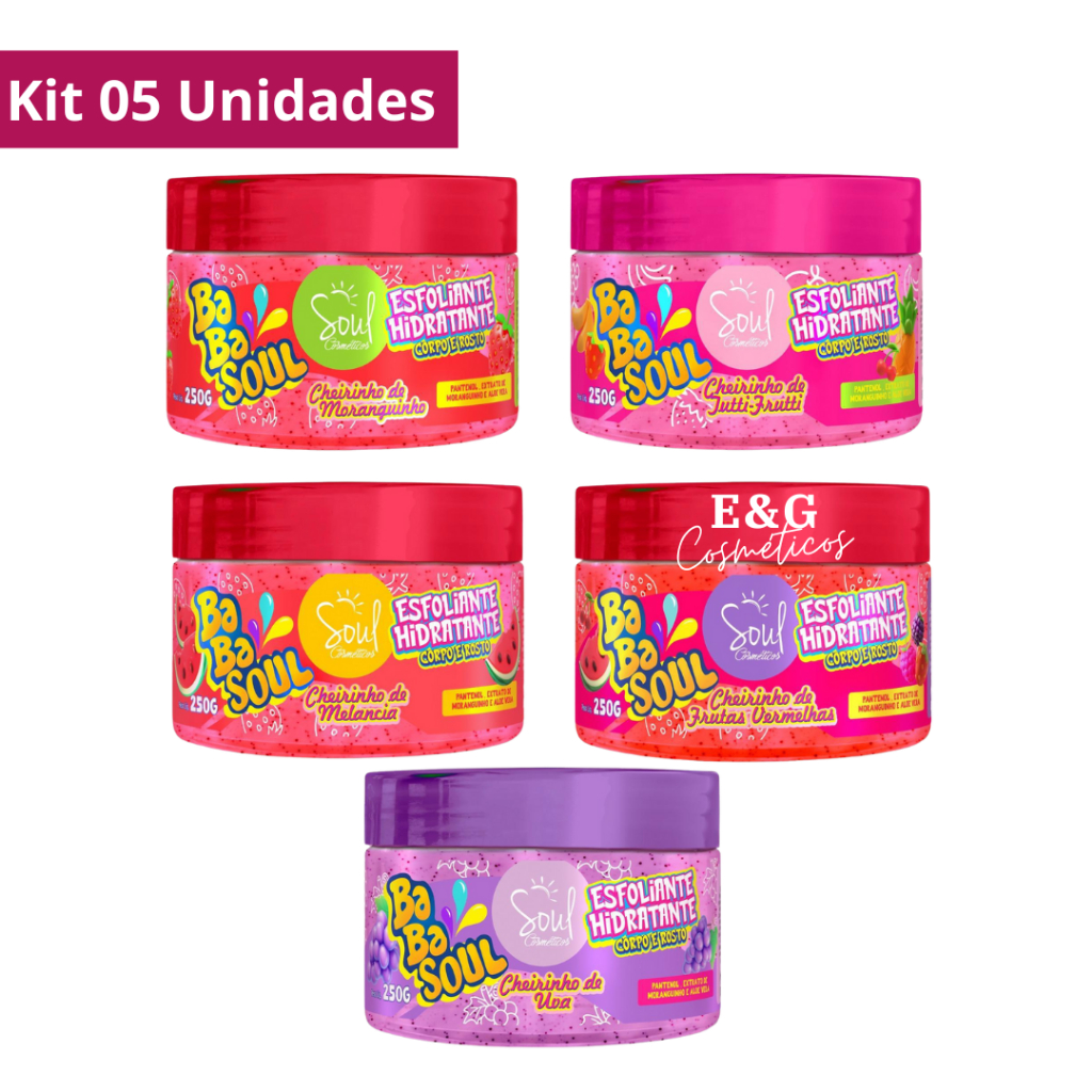Kit 05 Esfoliante Hidratante Corpo & Rosto Babasoul 250g Soul Cosméticos em Oferta na Shopee