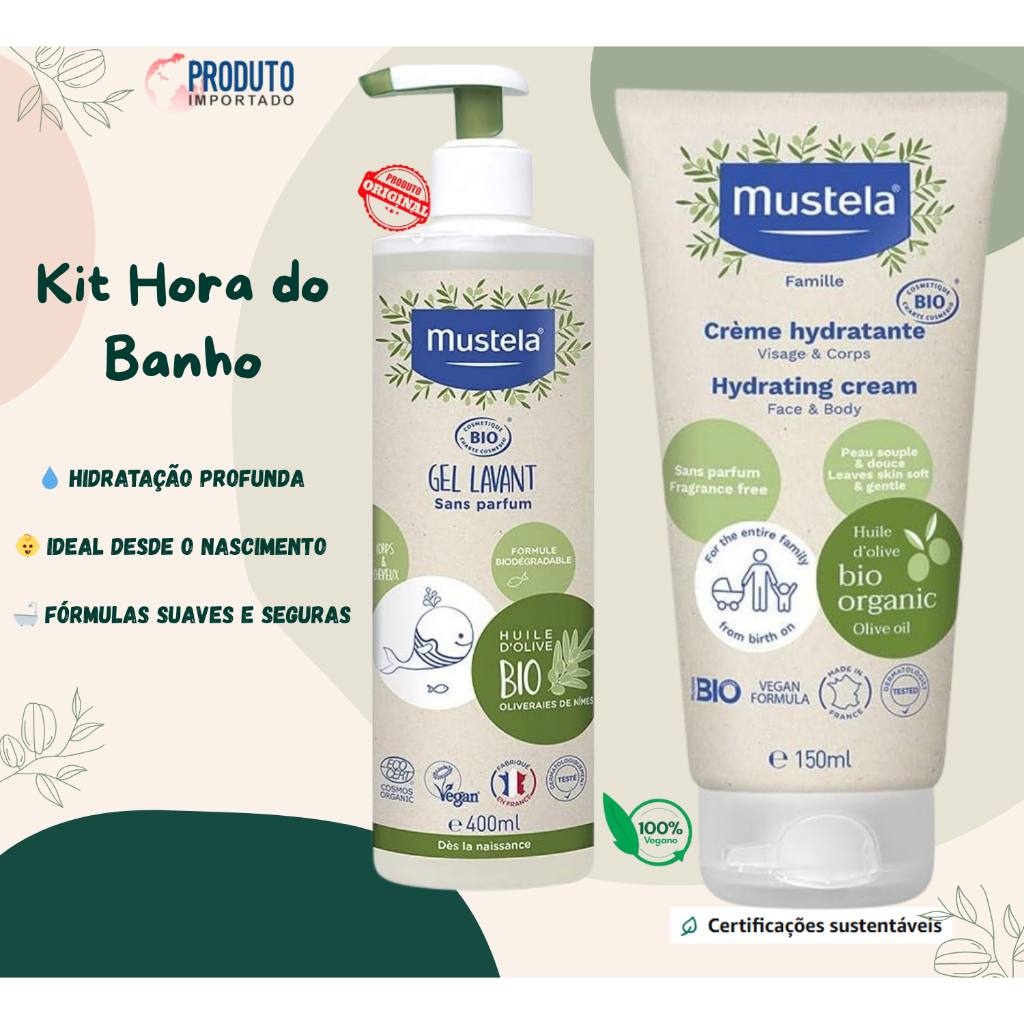 Kit Mustela Bio – Gel Lavante 400ml + Hidratante Corporal 150ml | Vegano, Sem Fragrância, Bebê e Adulto