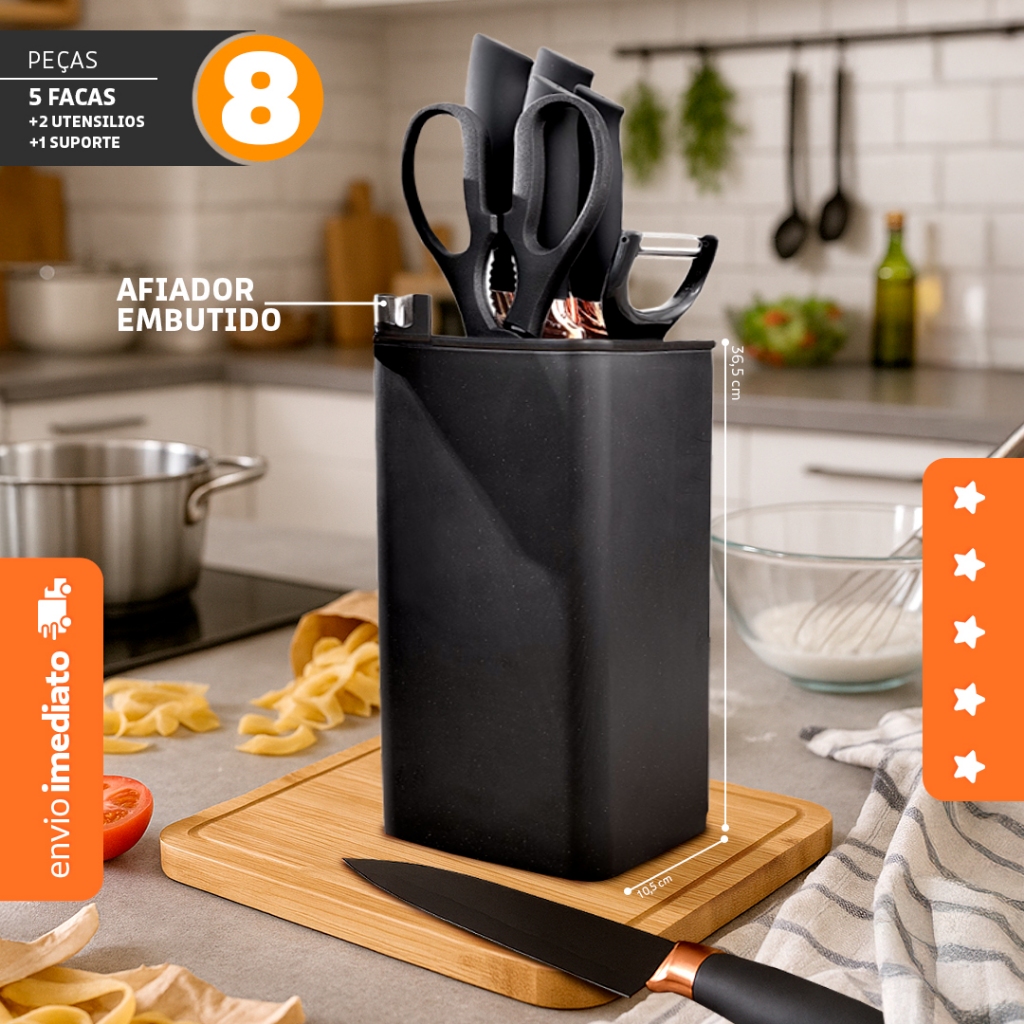 Jogo Facas Profissionais 8 Peças Antiaderentes C/Suporte Preto - Dolce Home