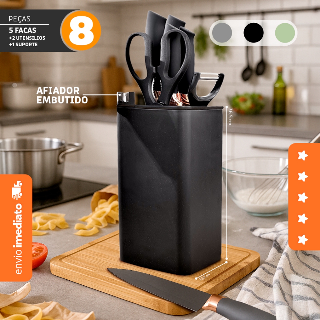 Jogo Facas Profissionais 8 Peças Antiaderentes C/Suporte - Dolce Home em Oferta na Shopee