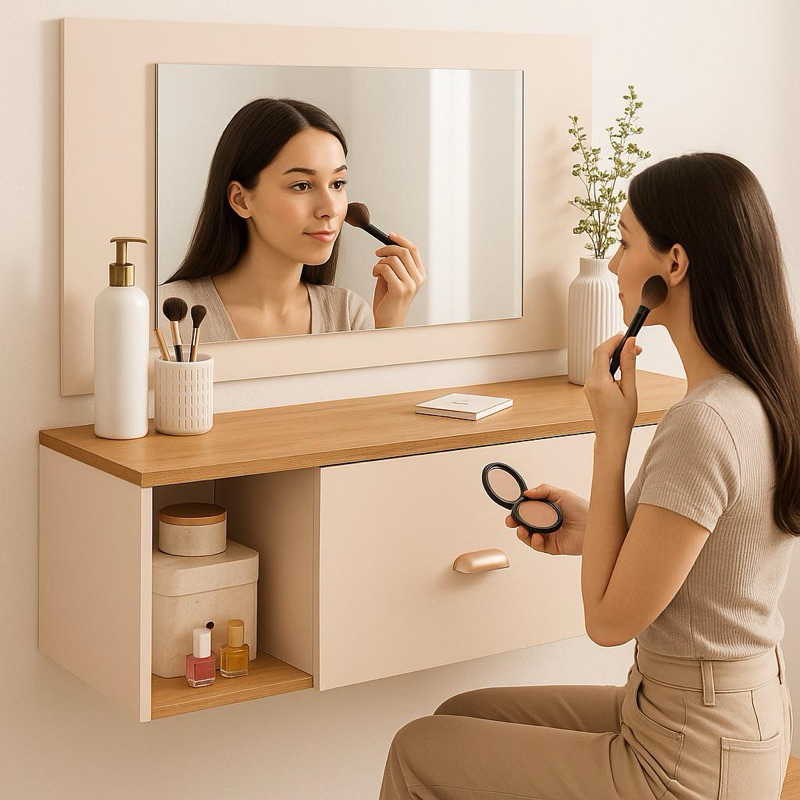 Penteadeira Camarim Suspensa com Espelho, Gaveta com Divisória e Nichos Make Up Elegante makeup