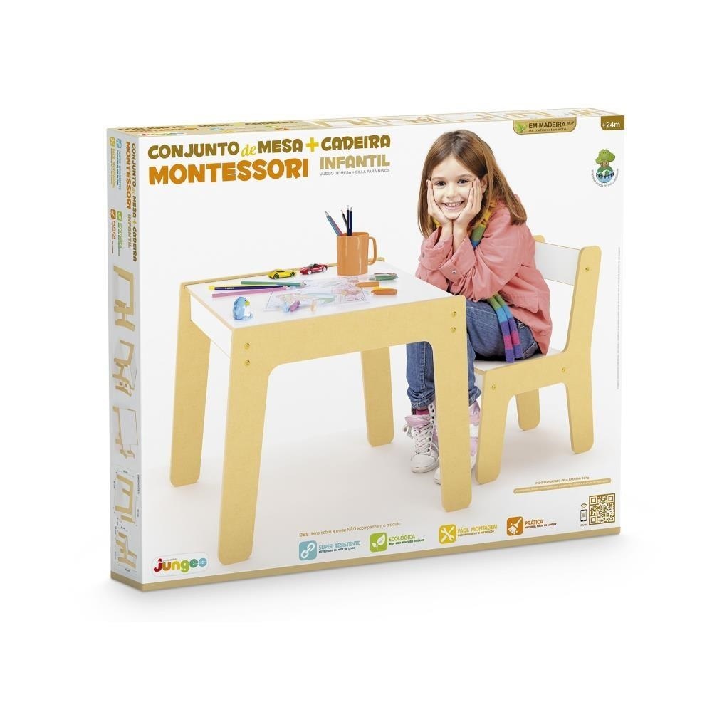 Conjunto Mesa e Cadeira Infantil Montessoriana Madeira MDF Criança até 35 Kg +2 anos Junges 994