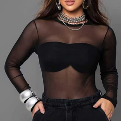 body feminino manga longa Liso balada Transparente Manga Longa