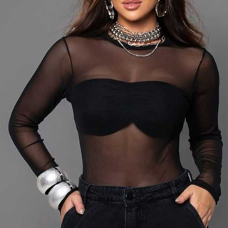 body feminino manga longa Liso balada Transparente Manga Longa em Oferta na Shopee