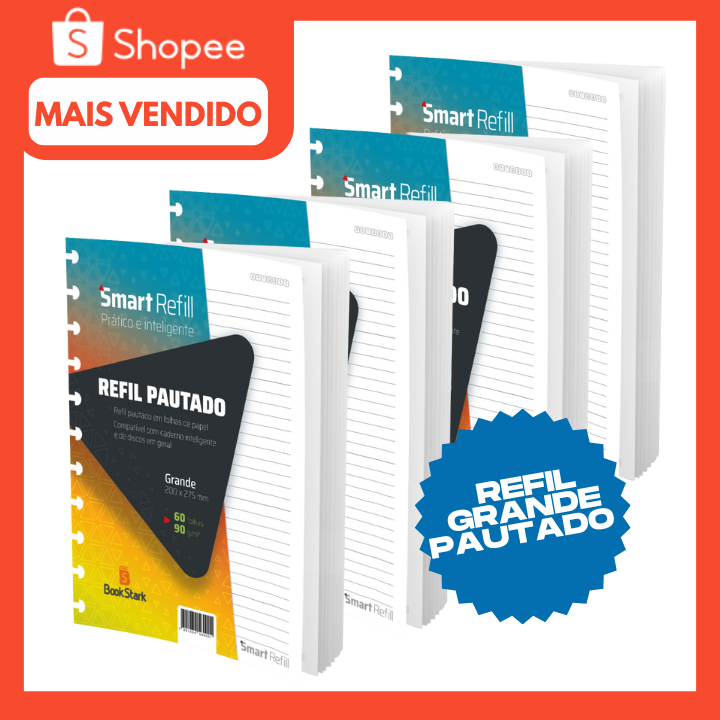 Refil Caderno de Discos 90g - 60/120/240 Folhas Pautado grande 11 Furos Smart Refill