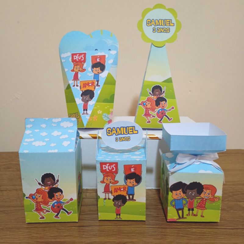 PEGUE E MONTE Caixinhas personalizadas 3 palavrinhas Deus é amor festa aniversário lembrancinhas