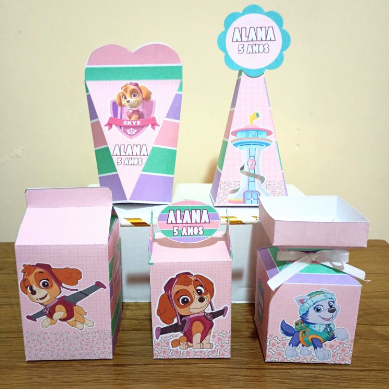 PEGUE E MONTE caixinhas personalizadas Skype patrulha canina menina festa aniversário lembrancinhas