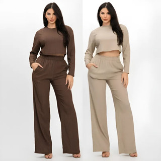 Conjunto Feminino Mousse Cropped e Calça Conjunto Blusa e Calça Wide Leg Inverno