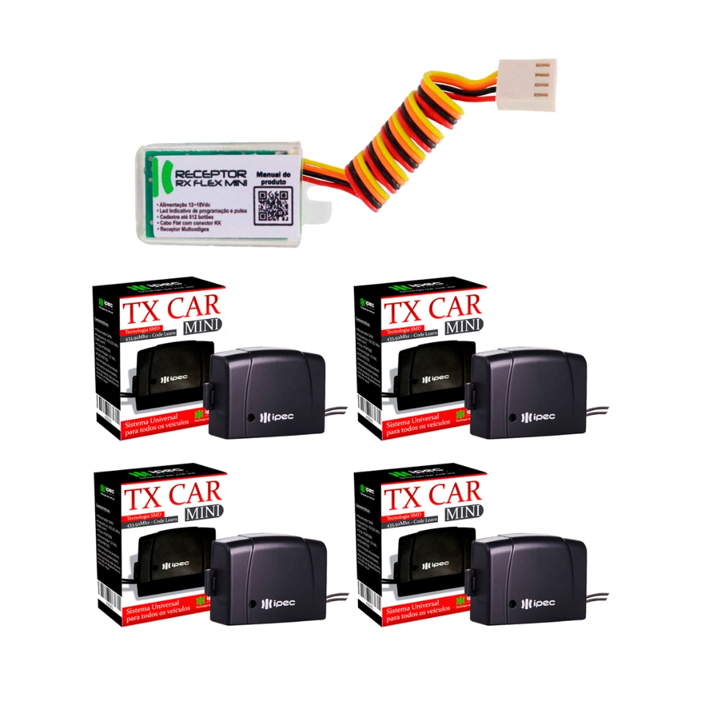 Kit Receptor Auxiliar + 4 Tx Car Mini 12/24V Ipec Para Centrais PPA Jetflex Triflex e Legero Codigo Rolante