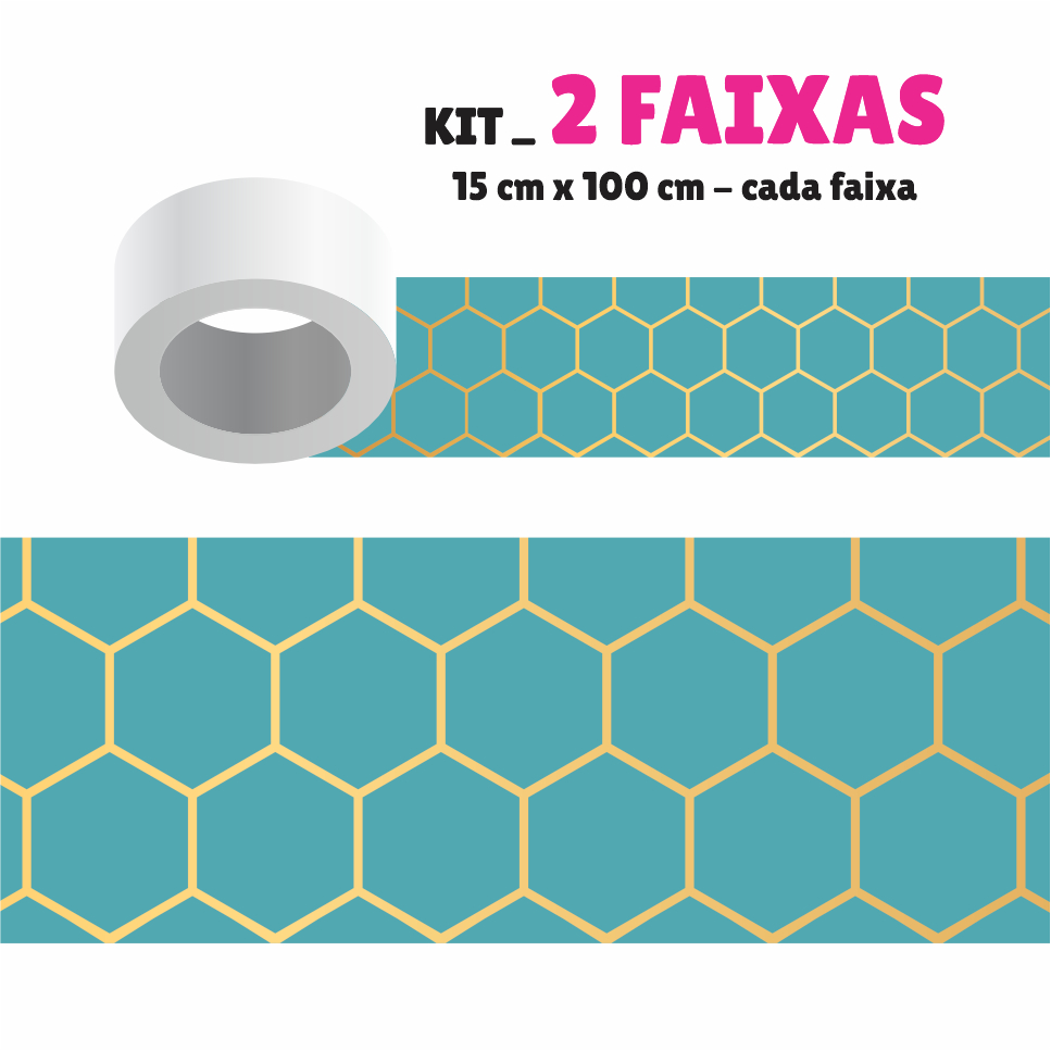 Faixa Decorativa - Kit com 2 Faixas Papel de Parede Border Faixa Adesiva Decoração - HEXAGONO G012 Turquesa