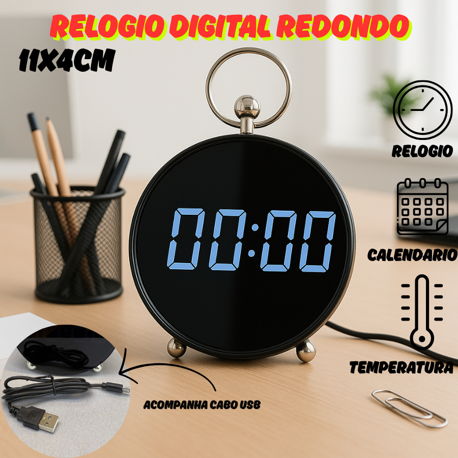 Relógio Digital De Mesa 11x4CM Com Usb Temperatura Calendário Soneca Redondo Decoração em Oferta na Shopee