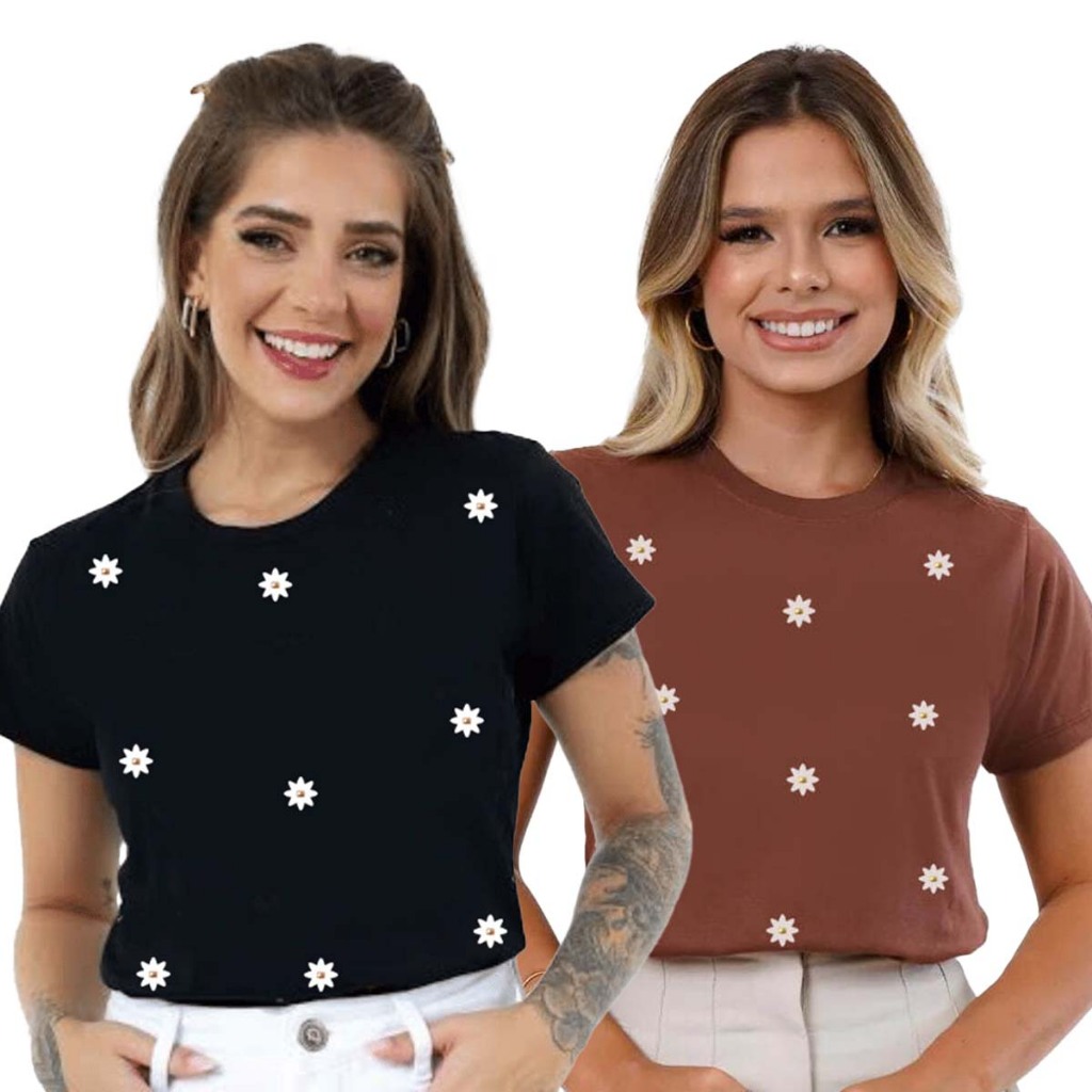 Kit Com 2 Tshirt Perola Feminina Estampa Flor Algodão Premium Blusa Pérolas Gola Redonda Ribana