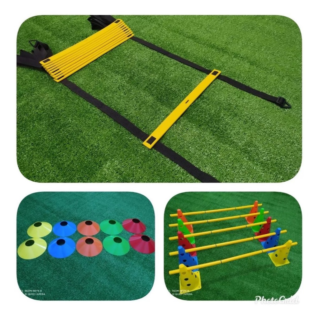 KIT FUNCIONAL CL-01 ESCADA DE AGILIDADE PVC 10 DEGRAUS + 10 CONES COM BARREIRA + 10 PRATOS CONE HALF
