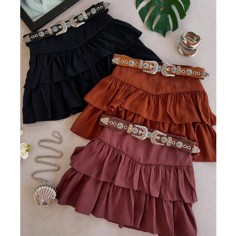 Saia cintura alta alfaiataria feminina Plissada look São João lançamento inverno 2025 promoção