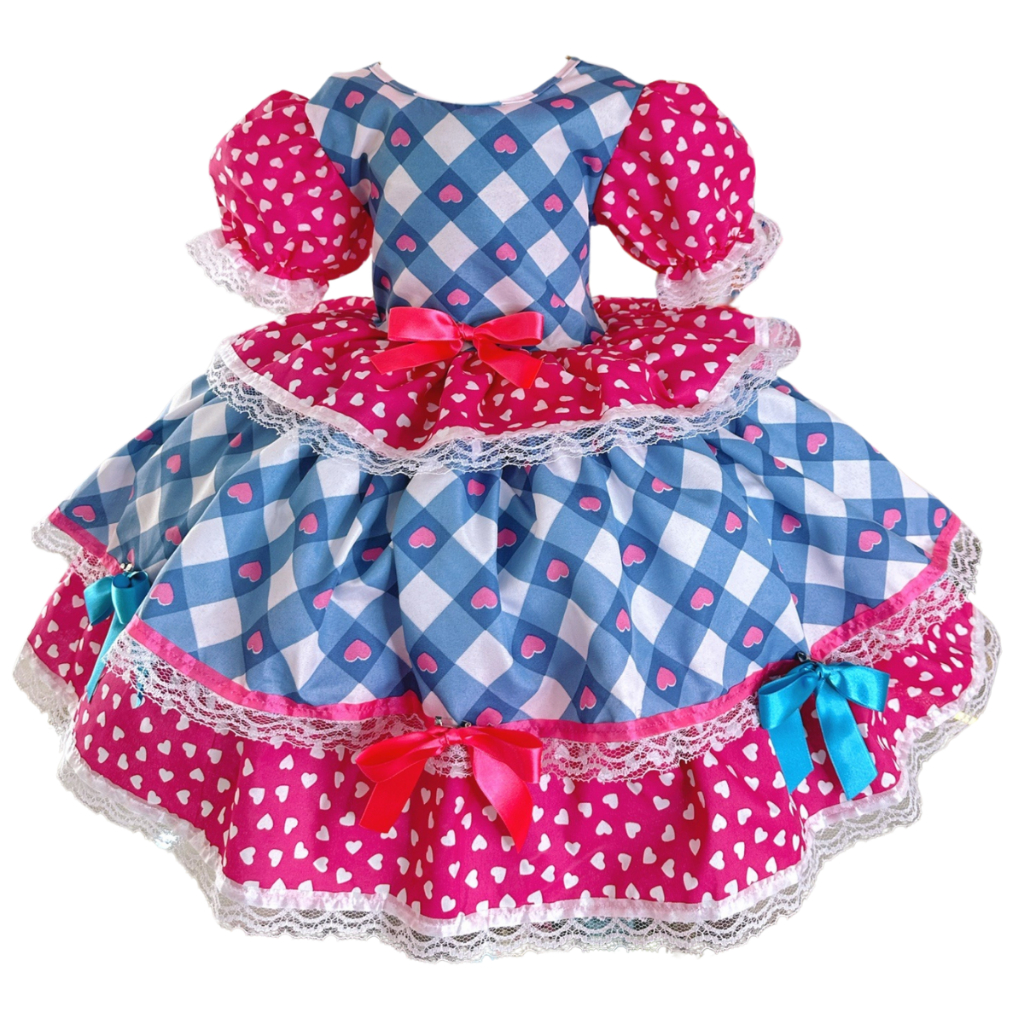 Vestido Junino Fantasia Quadrilha São João Vestido Caipira Menina Festa Quermesse Xadrez Coração Rosa Pink