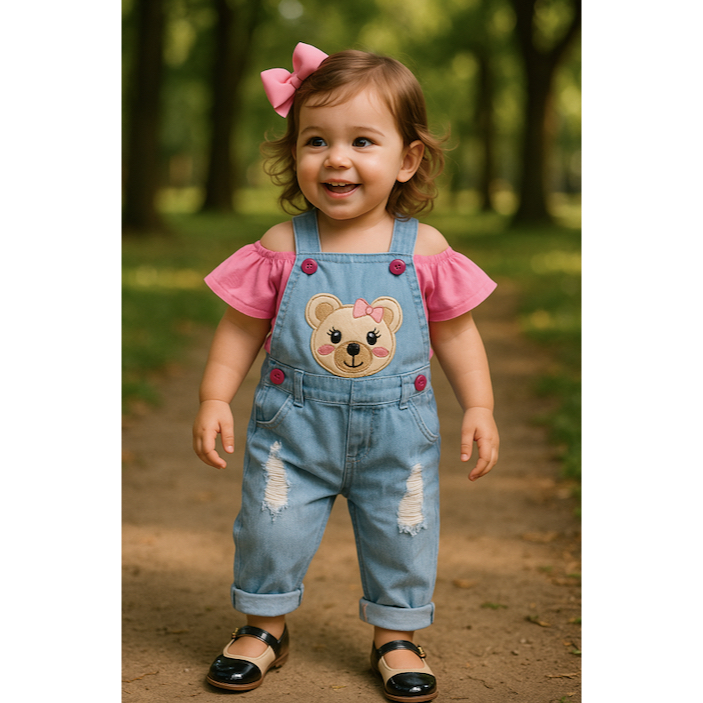 Jardineira Jeans Infantil Ursinha Menina Bebe + Ciganinha em Oferta na Shopee