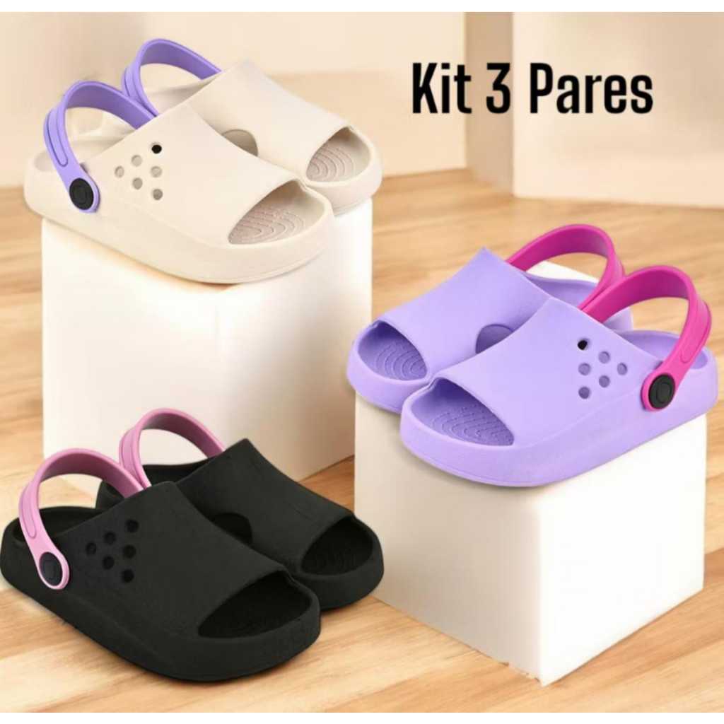 Kit 3 pares de Babuches Slides menina.Lucks Calçados.