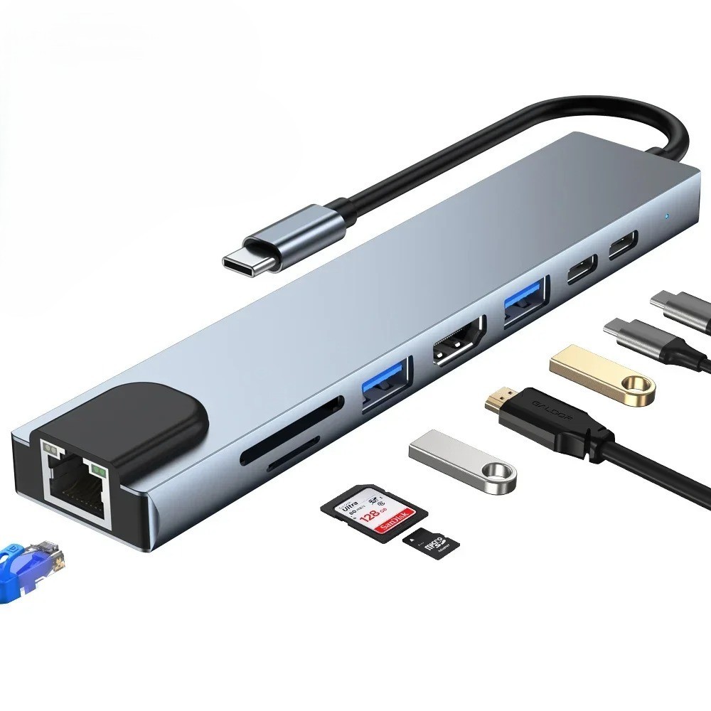Adaptador, HUB 8 Em 1, Com Saída HDMI/2 USB 3.0/LAN/2 USB-C/MicroSD/CartãoSD, 4K Leitor Cartão.