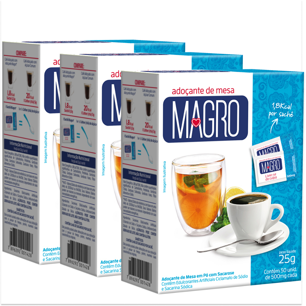 Kit com 3 Unidades de Adoçante em pó Sem Glúten, Magro Tradicional Caixa com 50 sachês Doces de 0,5g