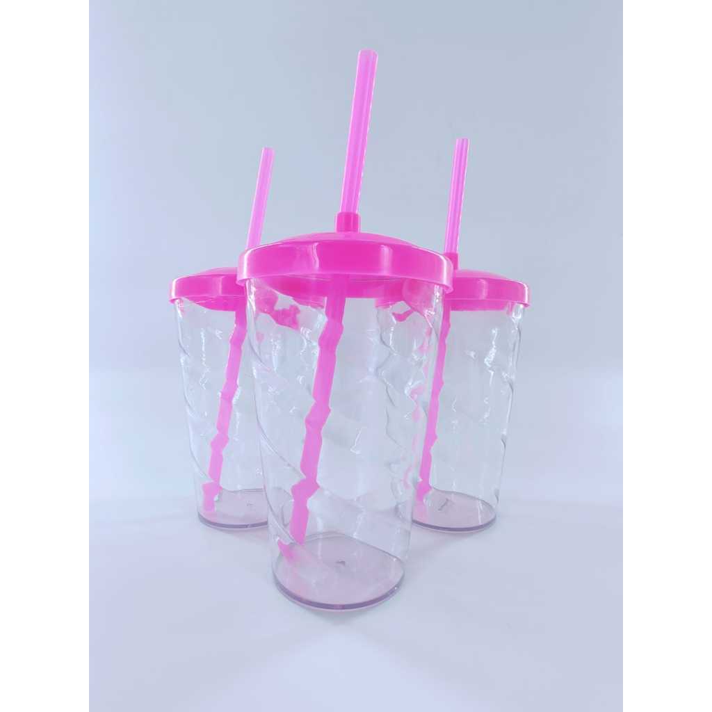 02 Copos 500ML TWISTER transparente com tampa e canudo colorido art milly