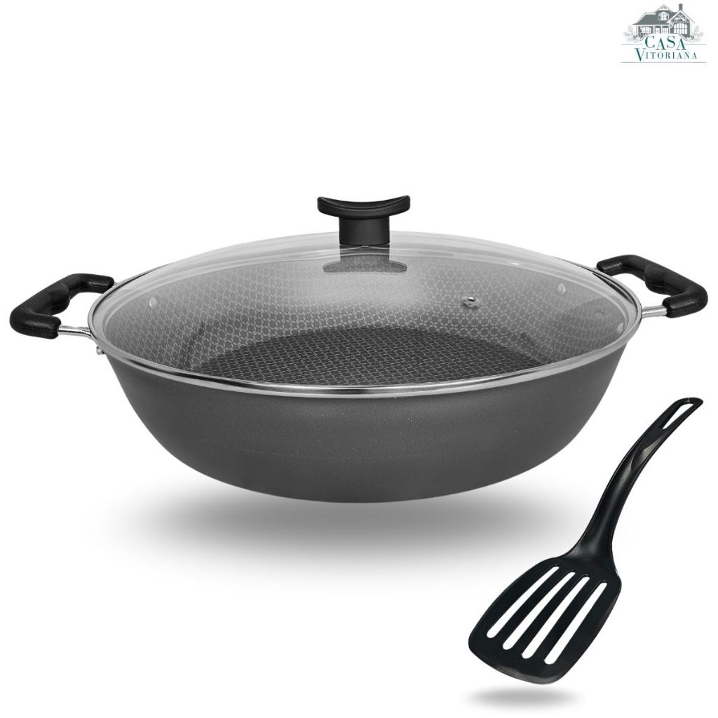 Frigideira Wok 32 cm Gigante 6 Camadas de Antiaderente Teflon com Tampa de Vidro Temperado Cor Grafite