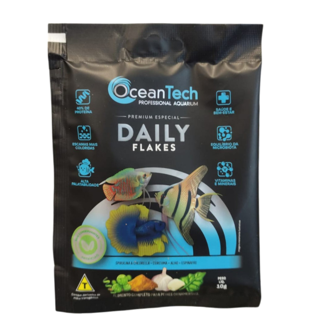 Ração Para Peixes 10g Ocean Tech Flocos Flakes Peixe Tropical Tetra Dia Sera Garlic Tropicais Min Guppy Neon Acará Disco