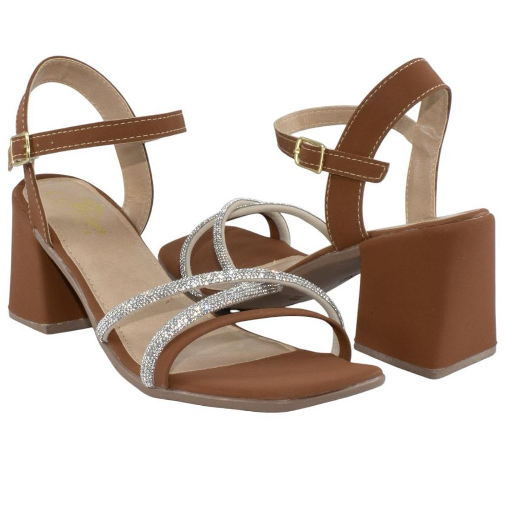 Sandalia Feminina Salto Bloco Medio Casual Tiras em Brilho Strass Luxo Moderna Elegante em Oferta na Shopee