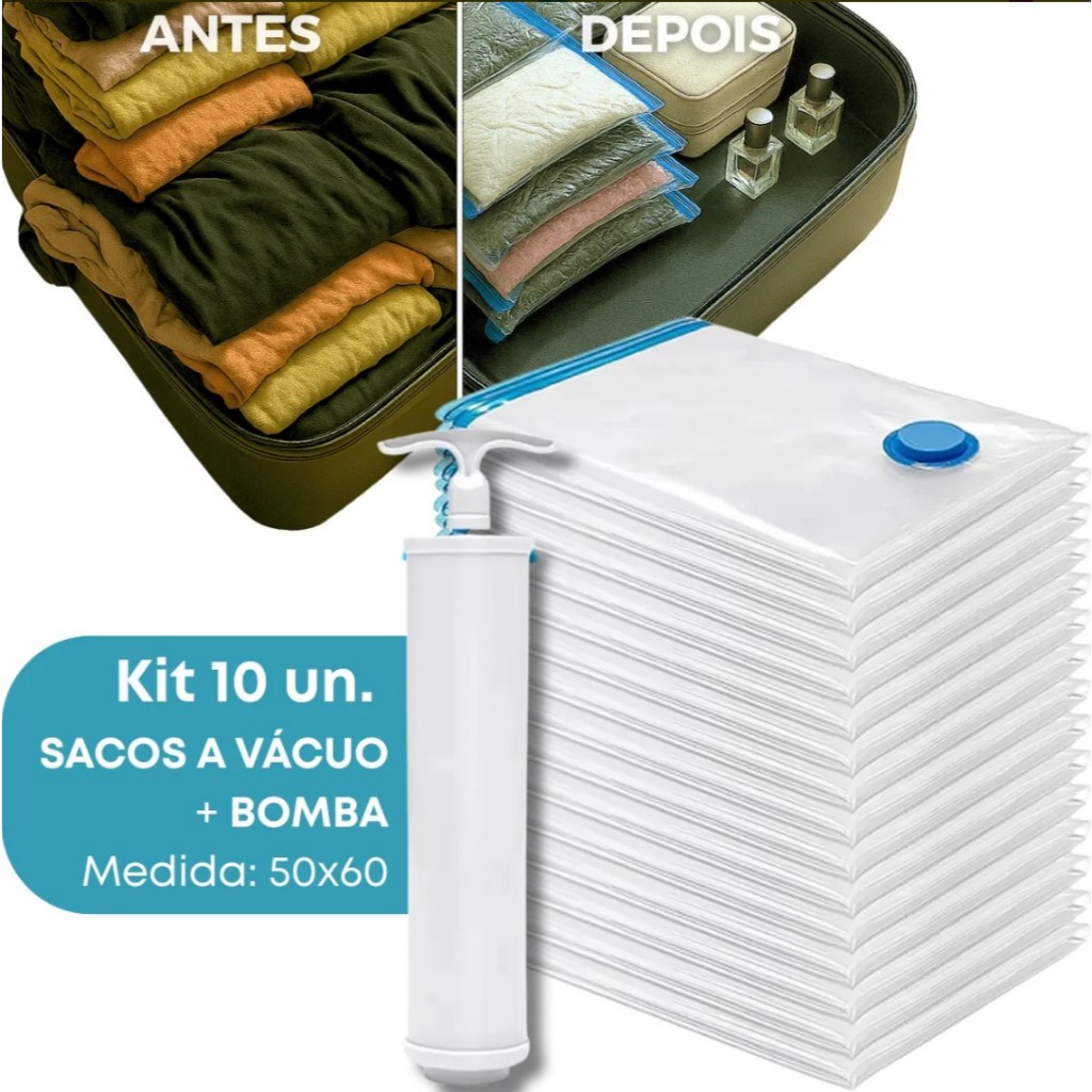 10 Sacos Organizadores A Vácuo 50x60 com Bomba Guarda-Roupa