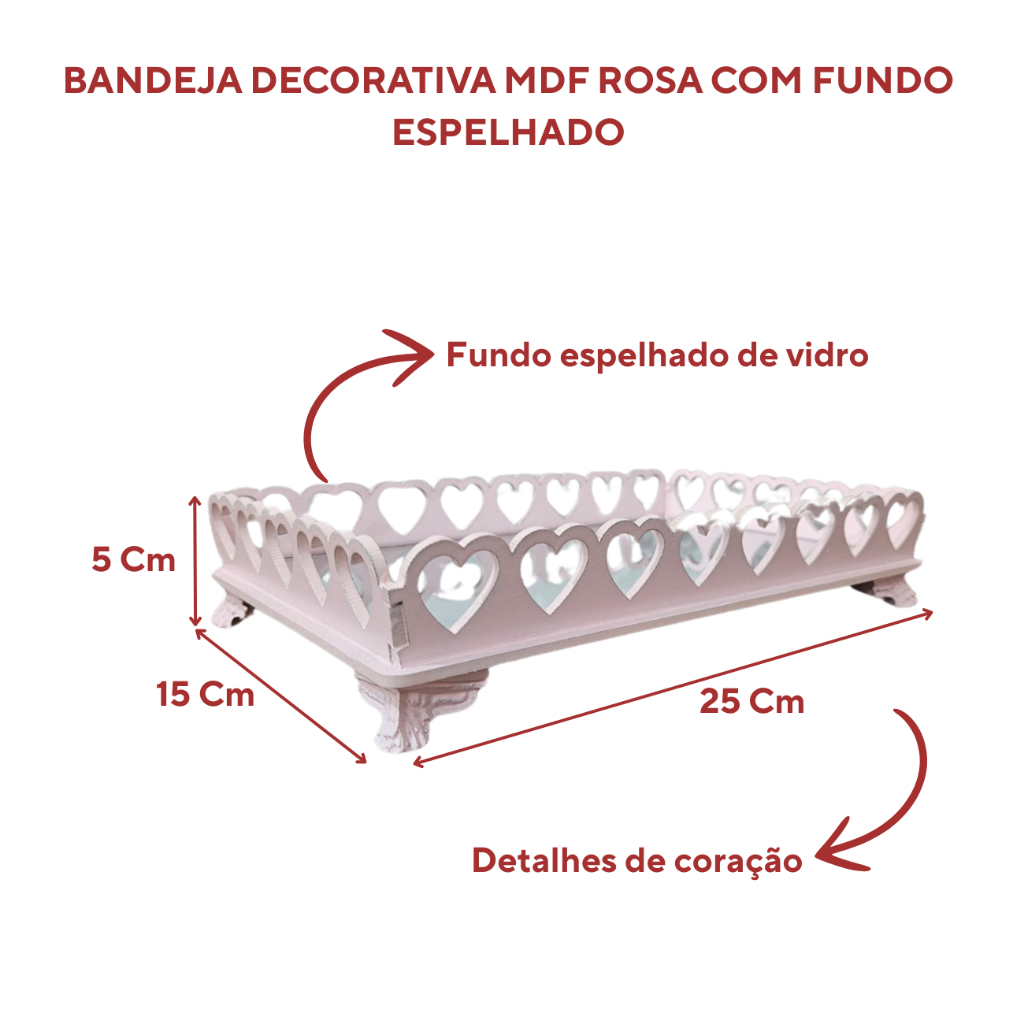 Bandeja Decorativa Espelhada Enfeite Coração Mdf Rosa - Decoração Quarto Luxo Elegante — imagem 2 de 2
