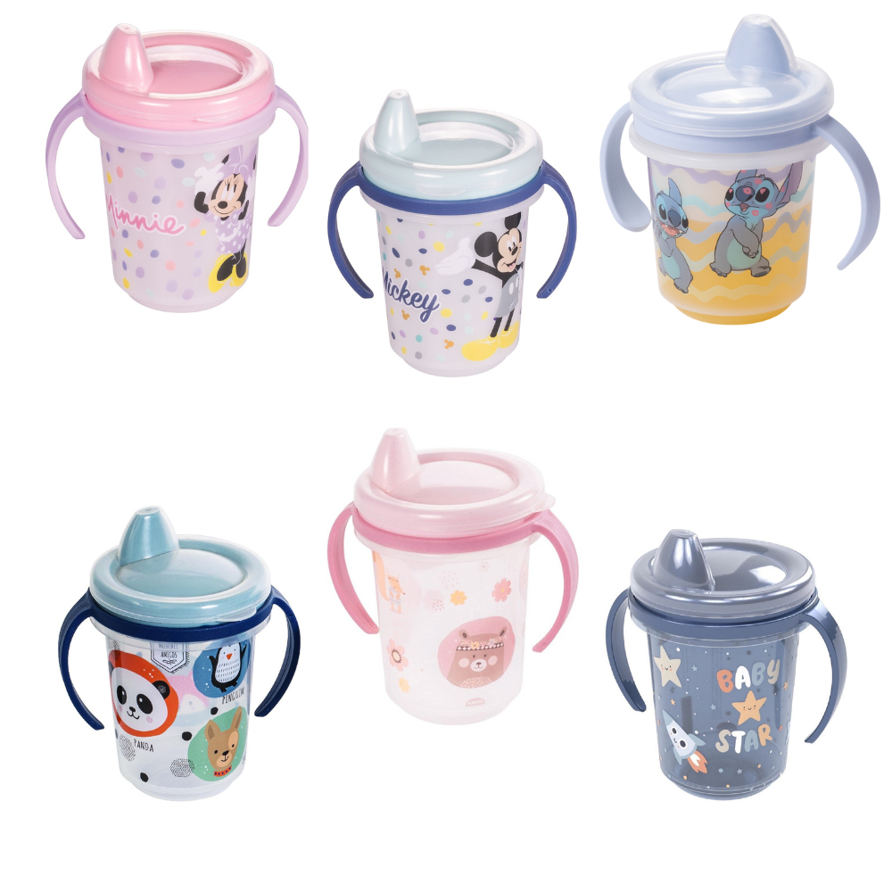 Caneca Plasútil Baby 330ml com Alça e Tampa – Mickey, Minnie, Stitch, Astronauta, Animais em Oferta na Shopee
