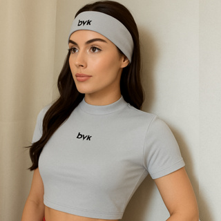 Blusa academia cinza + faixa de cabelo cropped treino corrida ginastica caminhada em Oferta na Shopee