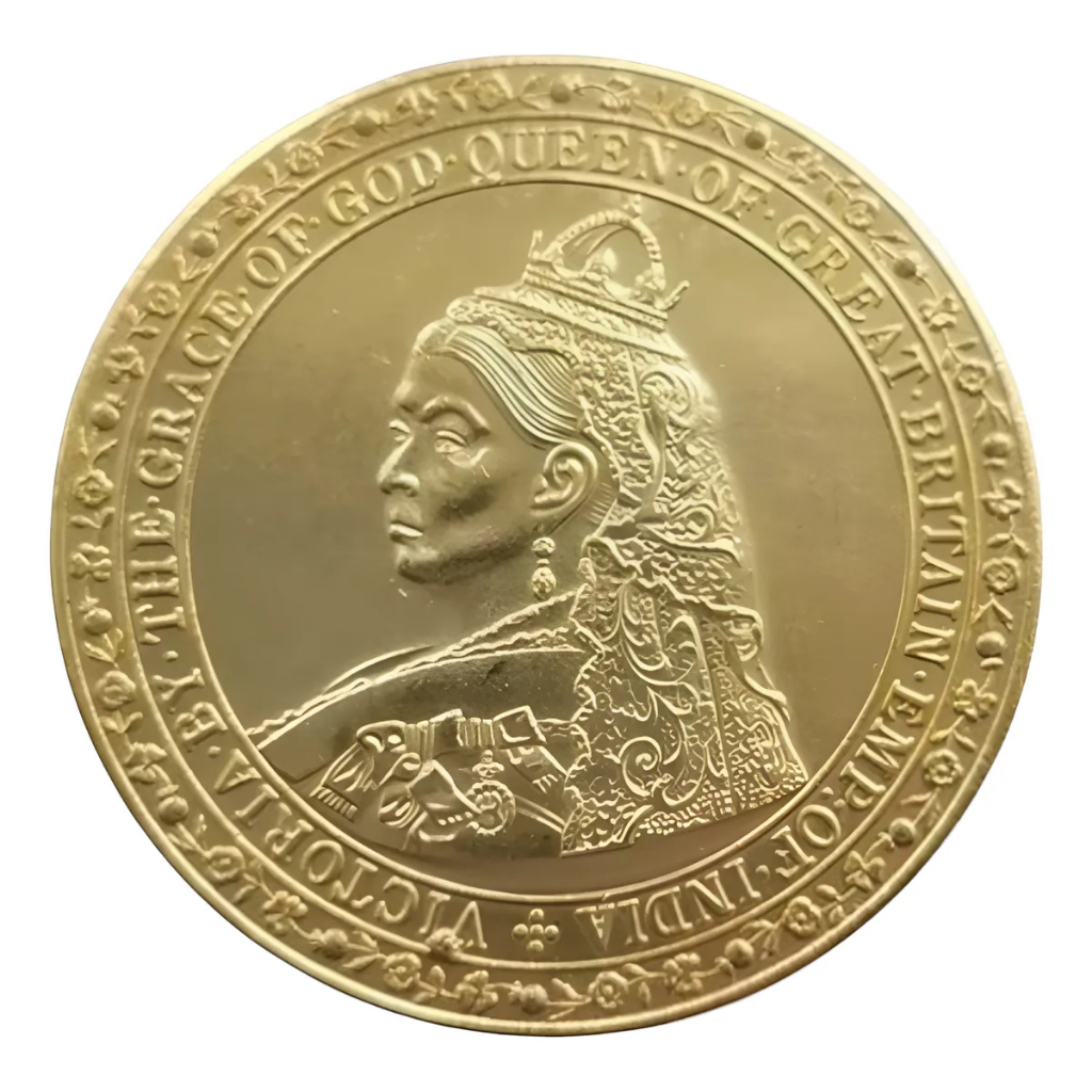 Moeda do Reino Unido 1 Coroa 1877 (Soberano de Ouro da Rainha Vitória) cópia banhada à ouro